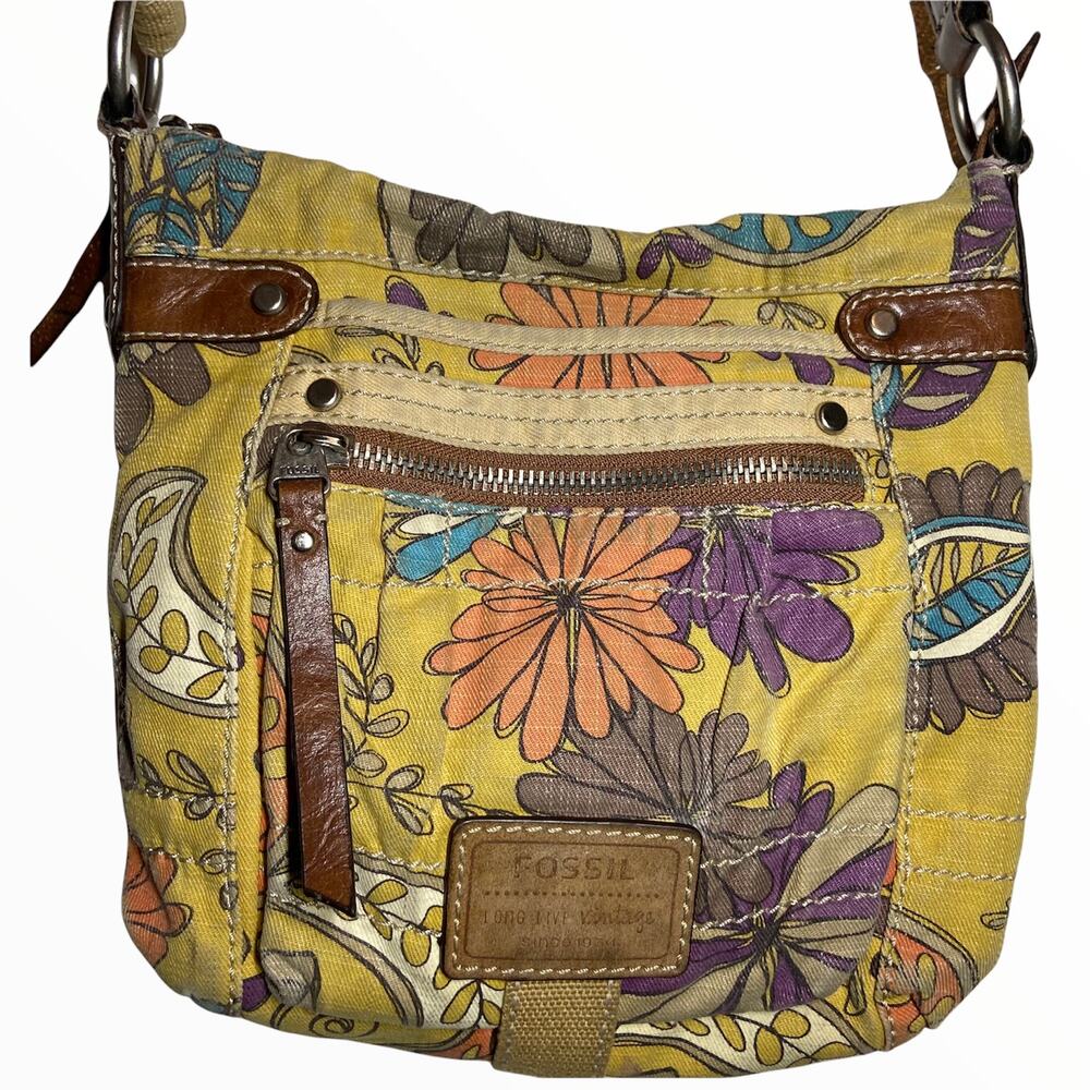 Fossil Crossbody Adjustable Leather Straps Zip Pocket Canvas Floral Yellow